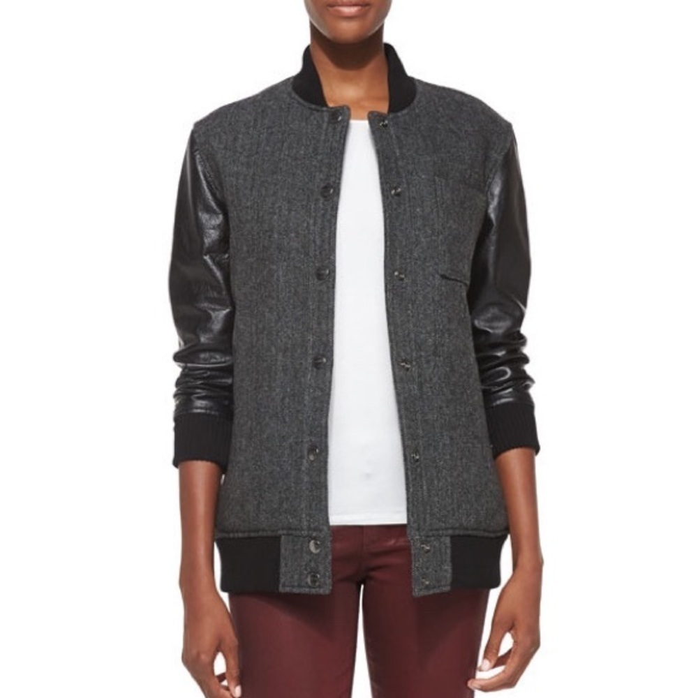 Current/Elliott Stanwood Leather-Sleeve Bomber Jacket Gray Black Size 0